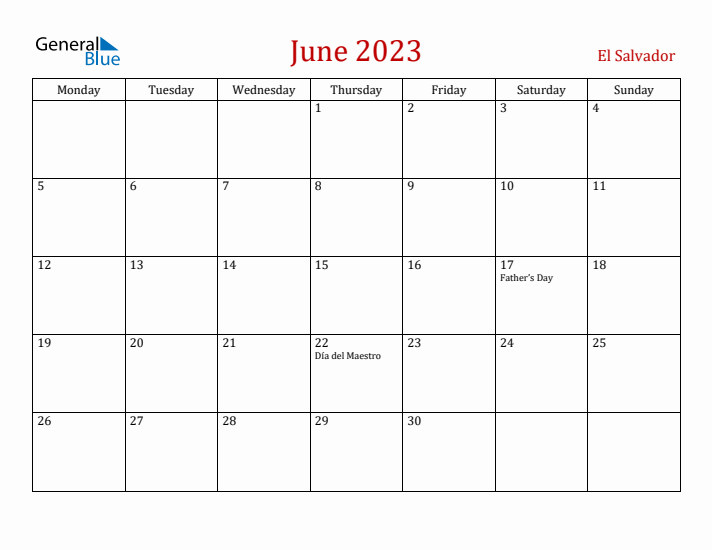 El Salvador June 2023 Calendar - Monday Start