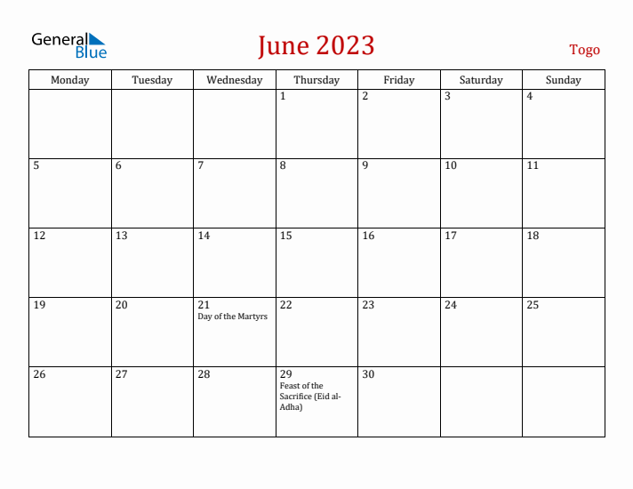 Togo June 2023 Calendar - Monday Start