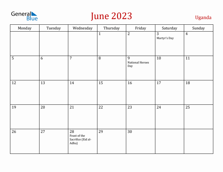 Uganda June 2023 Calendar - Monday Start