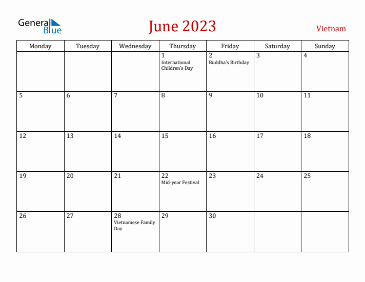 Vietnam June 2023 Calendar - Monday Start