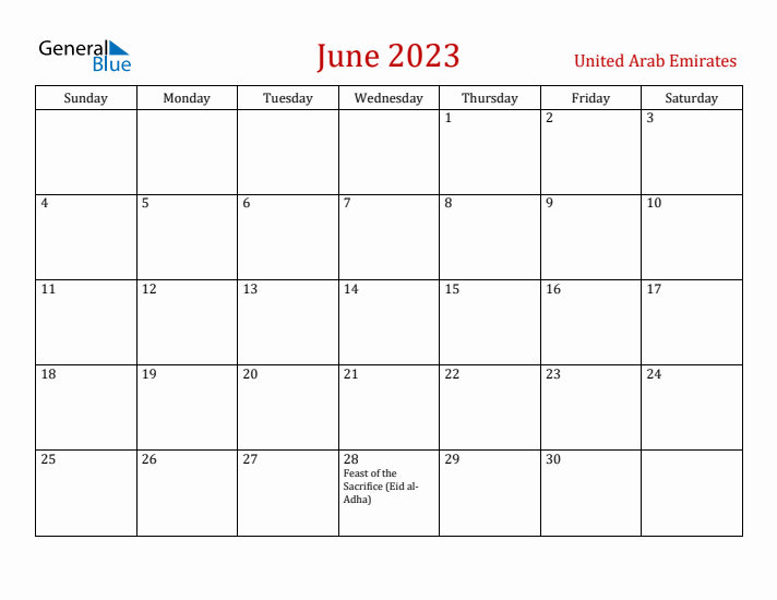 United Arab Emirates June 2023 Calendar - Sunday Start