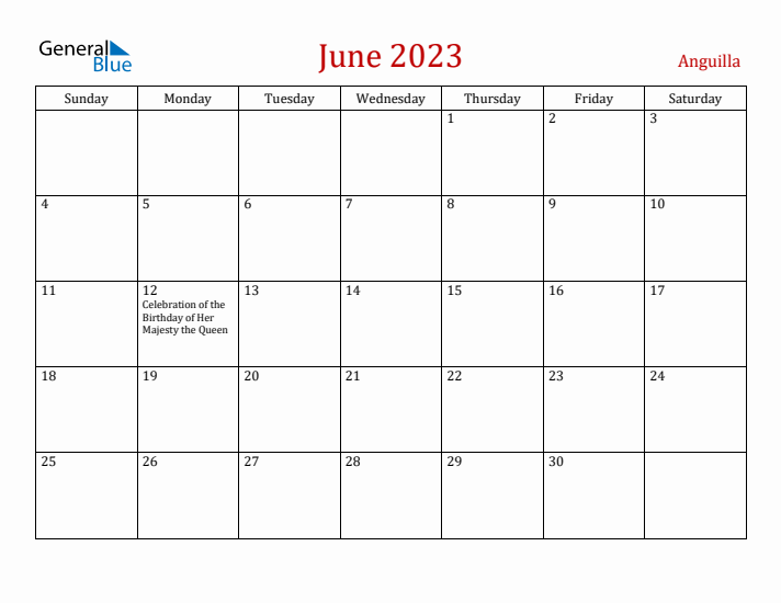 Anguilla June 2023 Calendar - Sunday Start