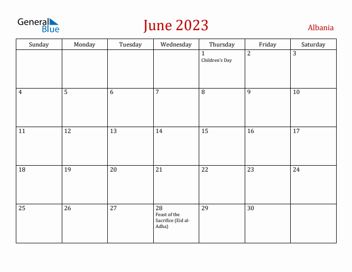 Albania June 2023 Calendar - Sunday Start