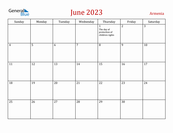 Armenia June 2023 Calendar - Sunday Start