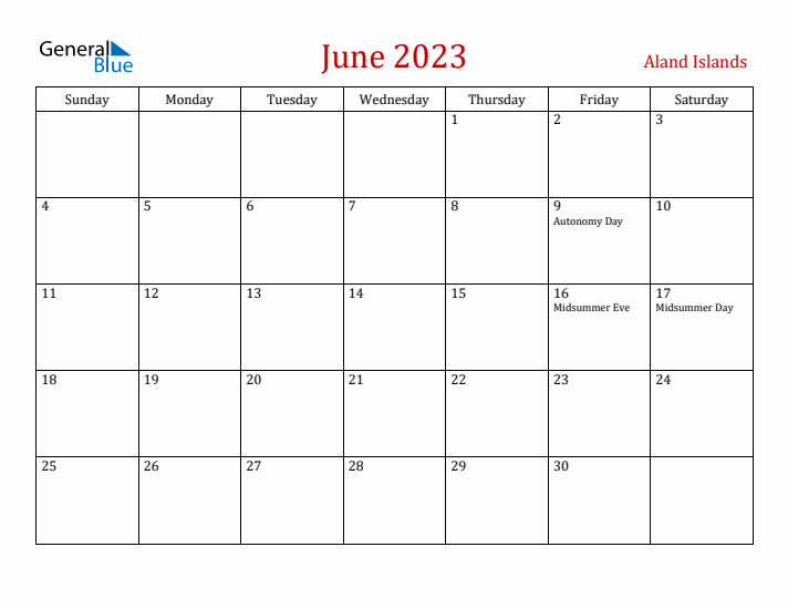 Aland Islands June 2023 Calendar - Sunday Start