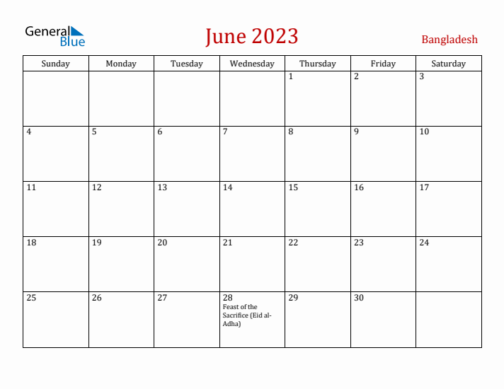 Bangladesh June 2023 Calendar - Sunday Start
