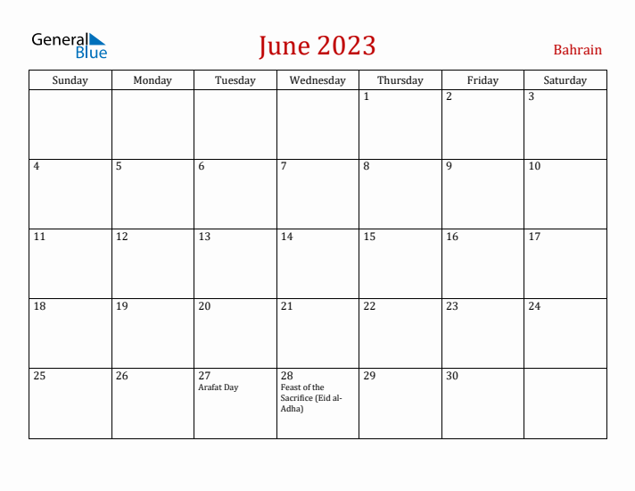 Bahrain June 2023 Calendar - Sunday Start