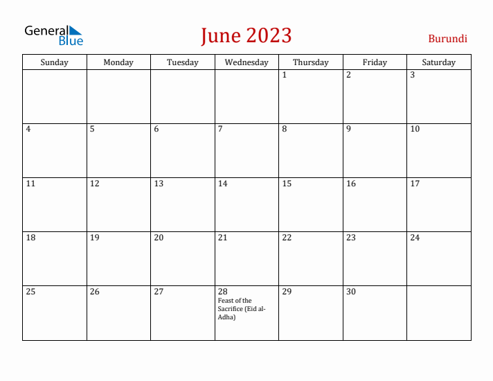 Burundi June 2023 Calendar - Sunday Start