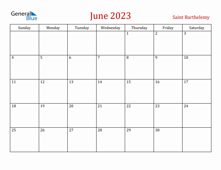 Saint Barthelemy June 2023 Calendar - Sunday Start