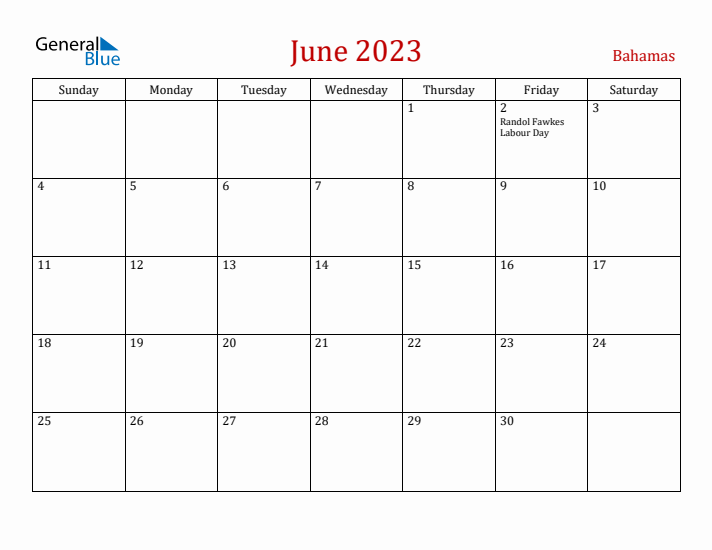 Bahamas June 2023 Calendar - Sunday Start
