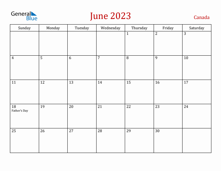 Canada June 2023 Calendar - Sunday Start