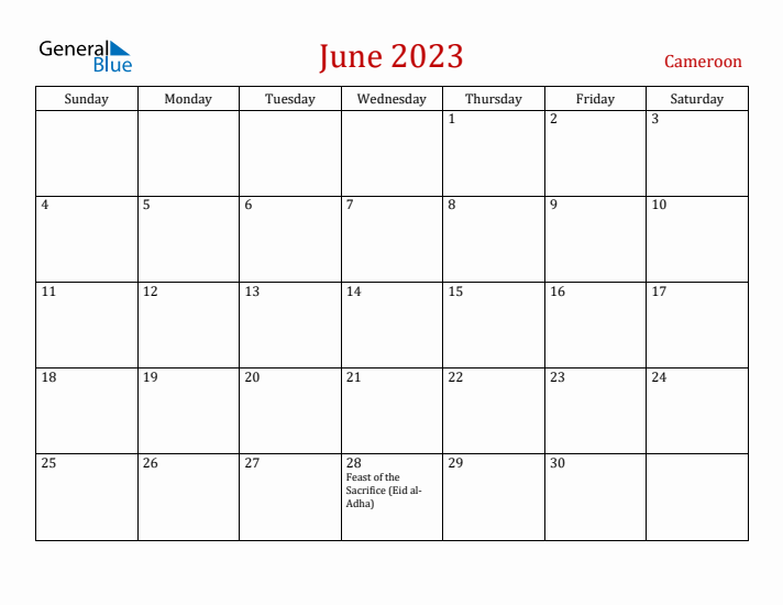 Cameroon June 2023 Calendar - Sunday Start
