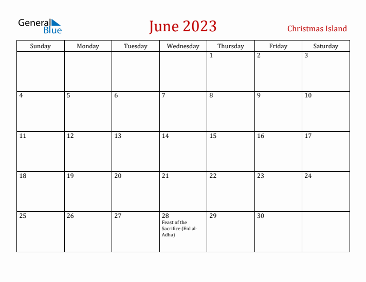 Christmas Island June 2023 Calendar - Sunday Start