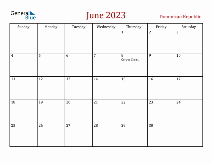 Dominican Republic June 2023 Calendar - Sunday Start