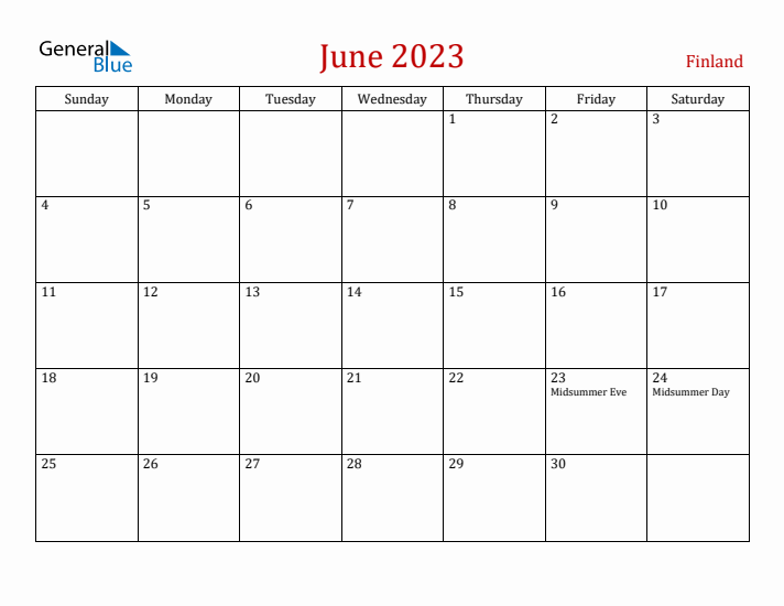 Finland June 2023 Calendar - Sunday Start