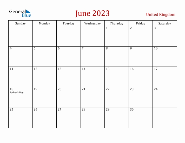 United Kingdom June 2023 Calendar - Sunday Start