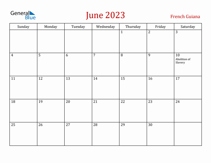 French Guiana June 2023 Calendar - Sunday Start