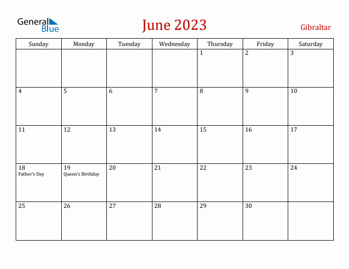 Gibraltar June 2023 Calendar - Sunday Start