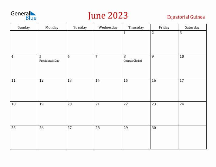 Equatorial Guinea June 2023 Calendar - Sunday Start