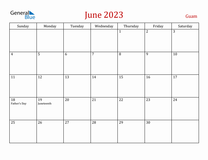 Guam June 2023 Calendar - Sunday Start