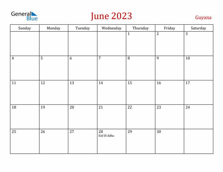 Guyana June 2023 Calendar - Sunday Start