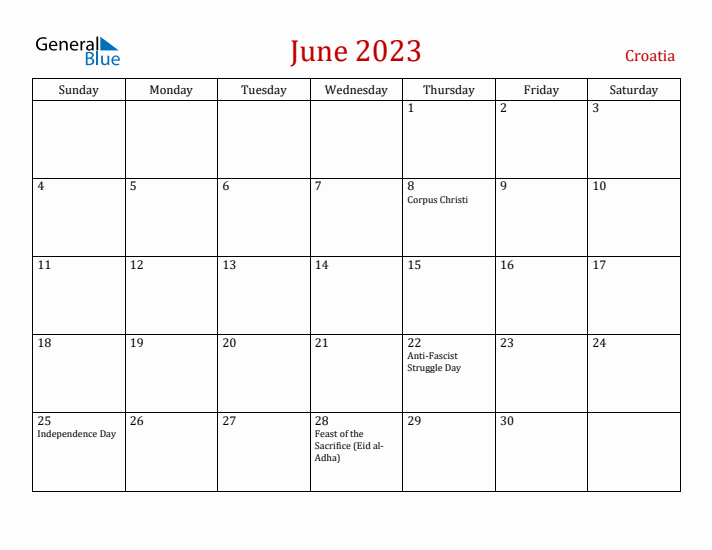 Croatia June 2023 Calendar - Sunday Start