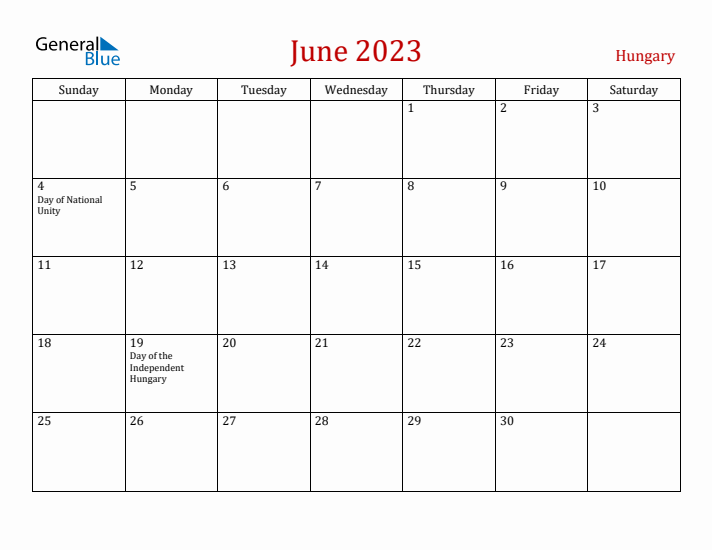 Hungary June 2023 Calendar - Sunday Start