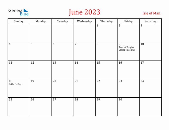 Isle of Man June 2023 Calendar - Sunday Start