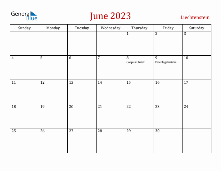 Liechtenstein June 2023 Calendar - Sunday Start