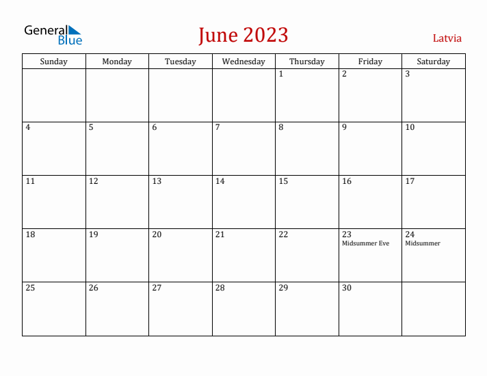 Latvia June 2023 Calendar - Sunday Start
