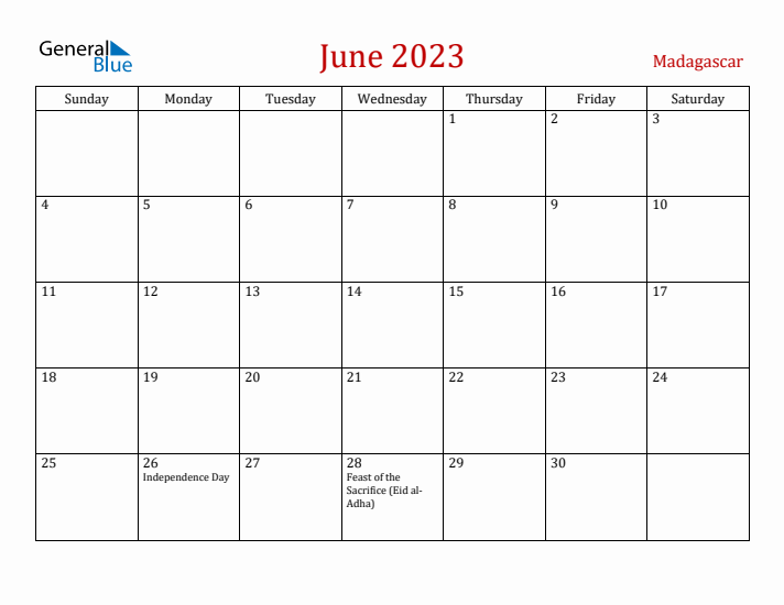 Madagascar June 2023 Calendar - Sunday Start