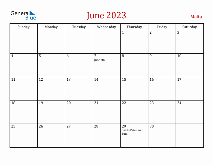 Malta June 2023 Calendar - Sunday Start