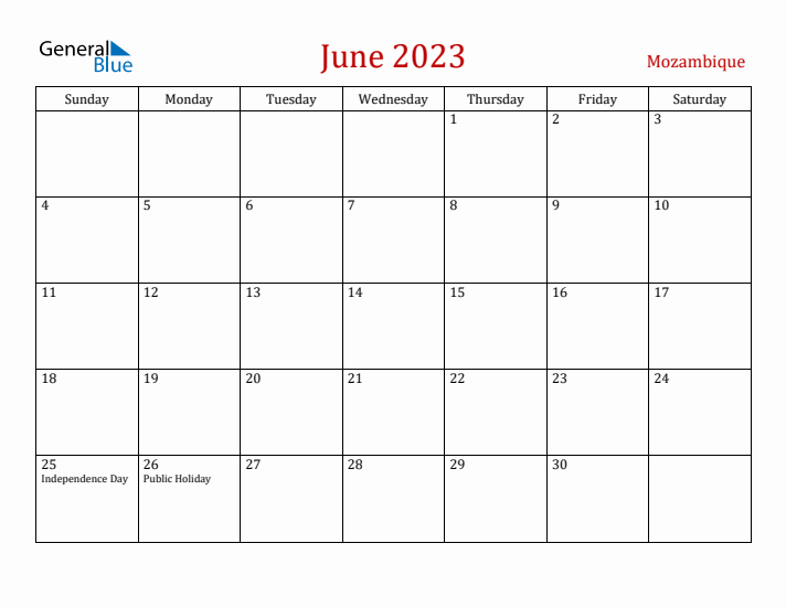 Mozambique June 2023 Calendar - Sunday Start