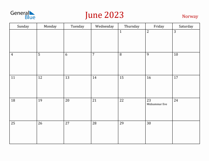 Norway June 2023 Calendar - Sunday Start