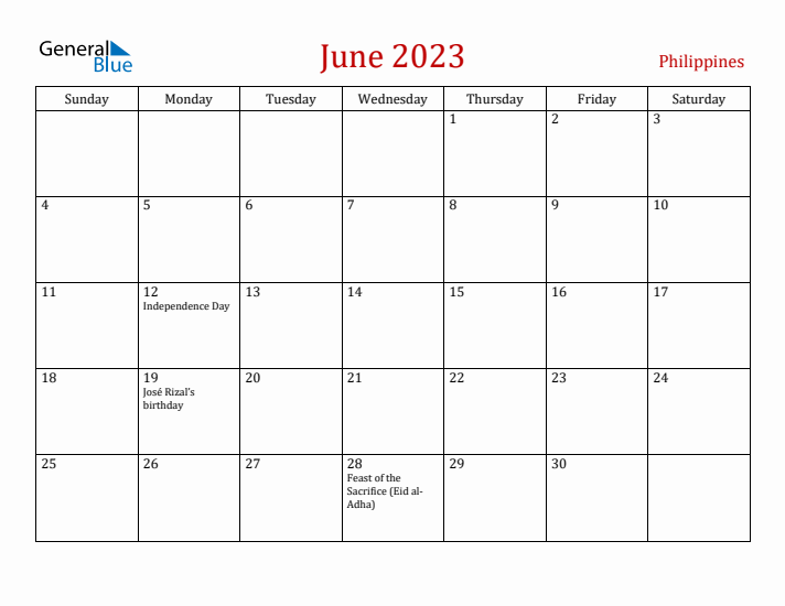 June 2023 Monthly Calendar with Philippines Holidays