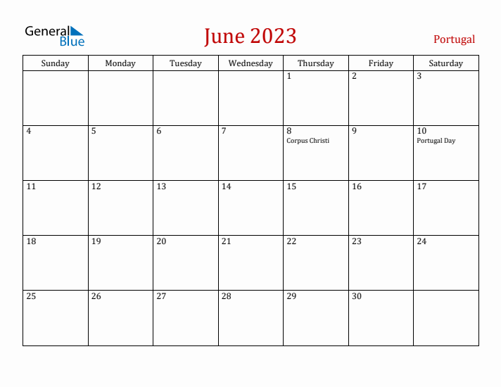 Portugal June 2023 Calendar - Sunday Start