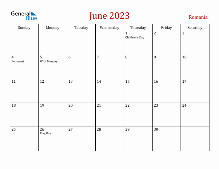 Romania June 2023 Calendar - Sunday Start