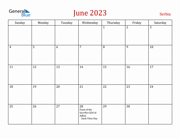Serbia June 2023 Calendar - Sunday Start