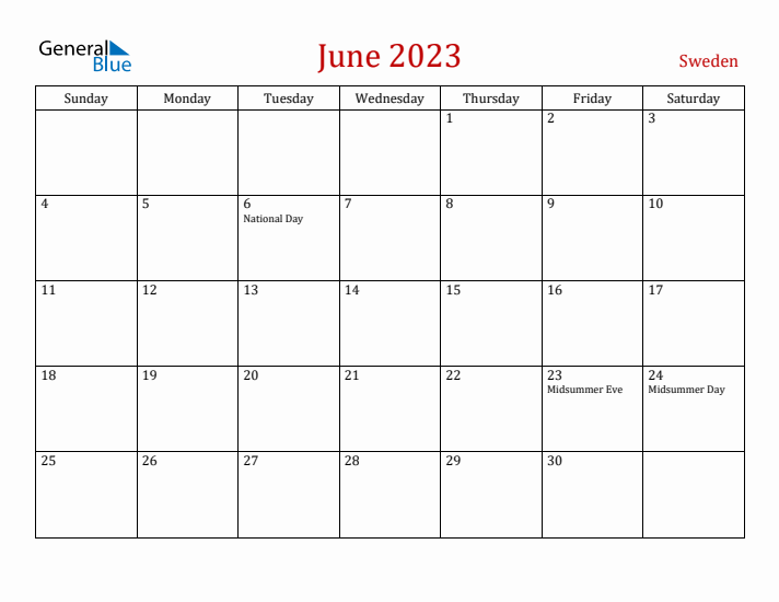 Sweden June 2023 Calendar - Sunday Start