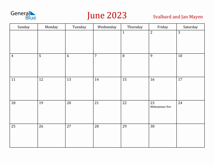 Svalbard and Jan Mayen June 2023 Calendar - Sunday Start