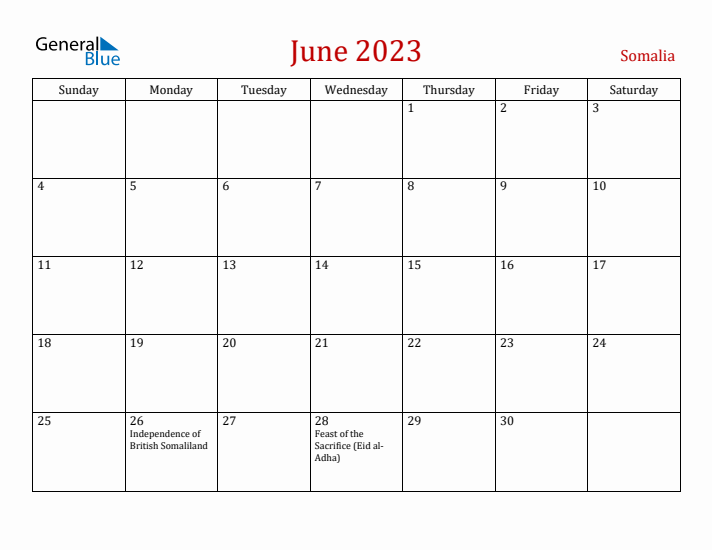 Somalia June 2023 Calendar - Sunday Start