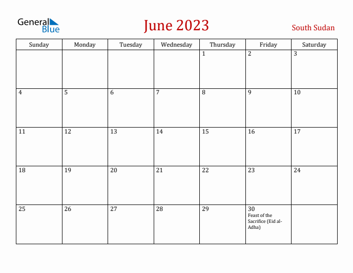 South Sudan June 2023 Calendar - Sunday Start