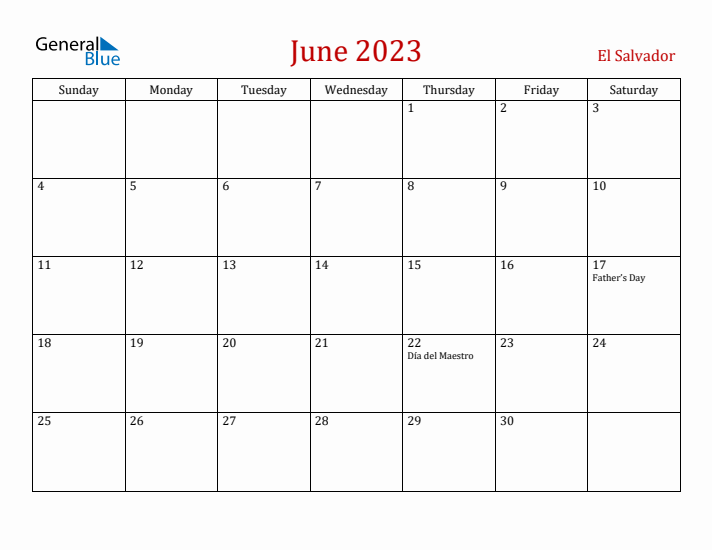 El Salvador June 2023 Calendar - Sunday Start