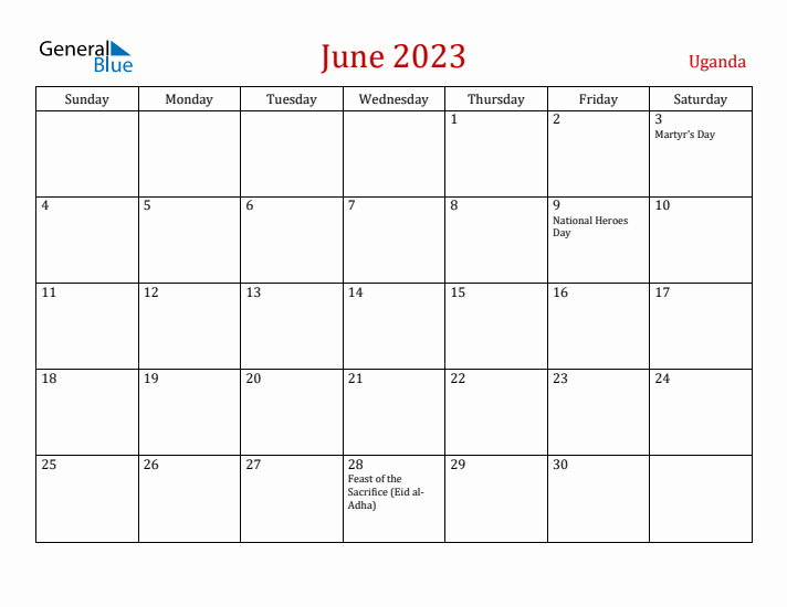 Uganda June 2023 Calendar - Sunday Start