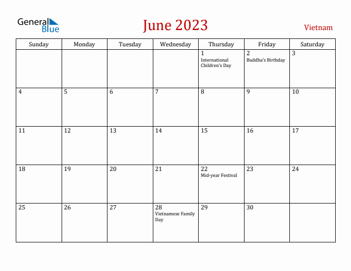 Vietnam June 2023 Calendar - Sunday Start