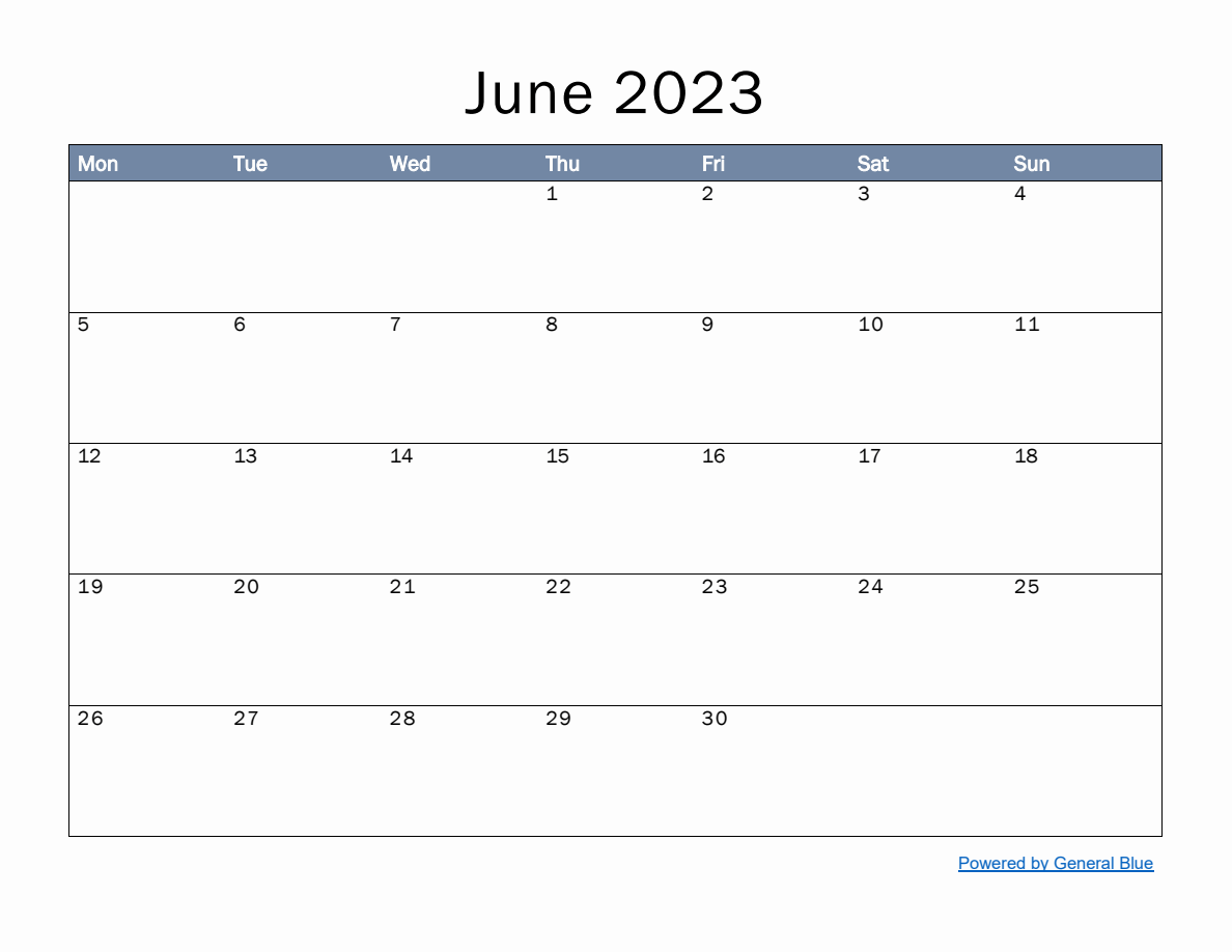 Monthly Calendar Template for June 2023