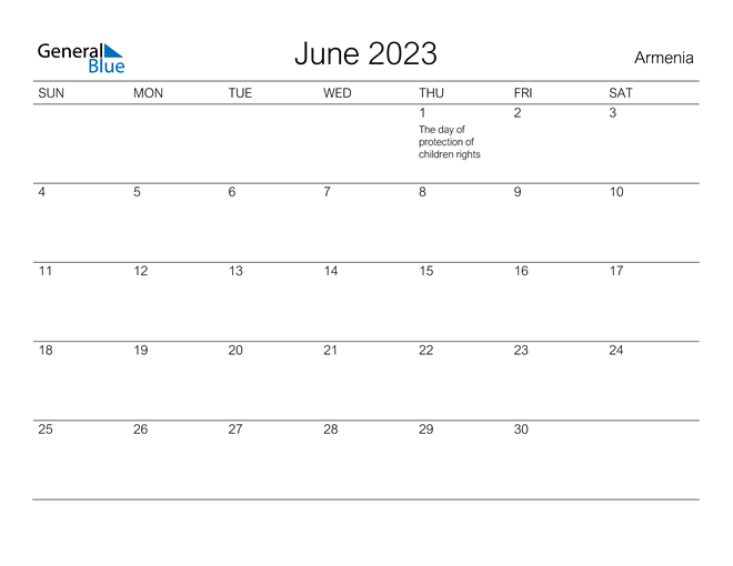 Printable June 2023 Calendar for Armenia