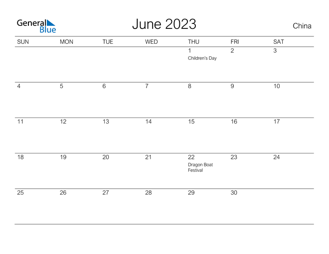 Printable June 2023 Calendar for China