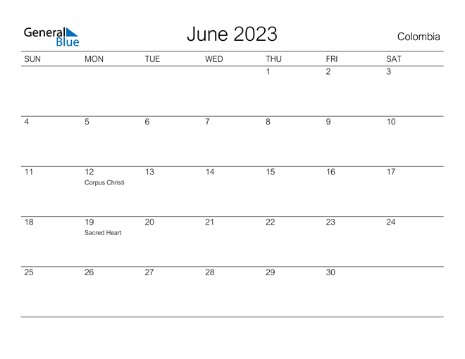 Printable June 2023 Calendar for Colombia