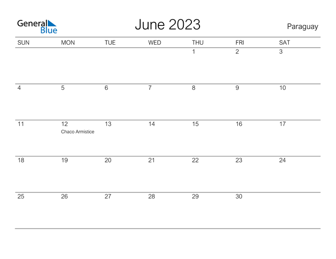 Printable June 2023 Calendar for Paraguay